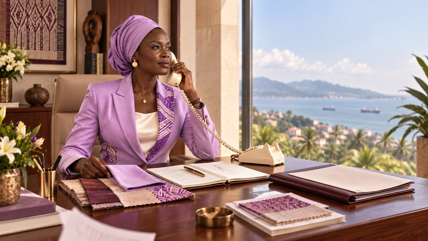 Editorial interpretation of a poised Rhophys woman working at a desk in Freetown