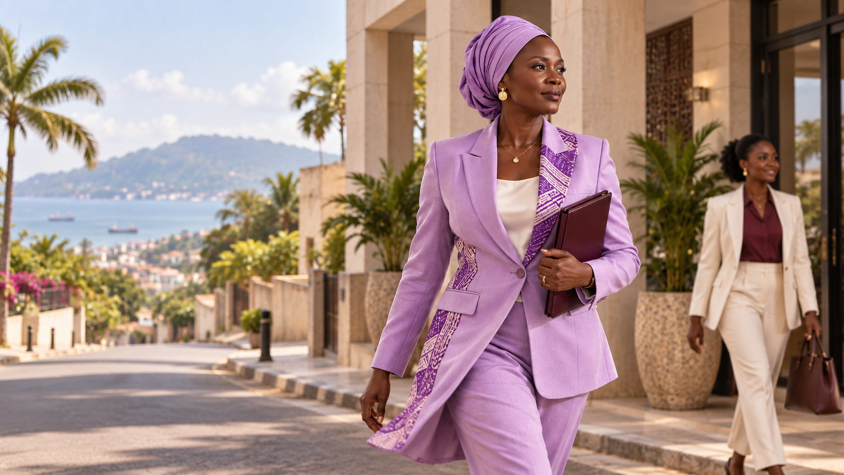 Editorial interpretation of a Rhophys woman walking with purpose in Freetown